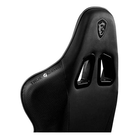 Black gaming chair, MSI MAG CH120, with dragon logo and "TRUE GAMING" text.