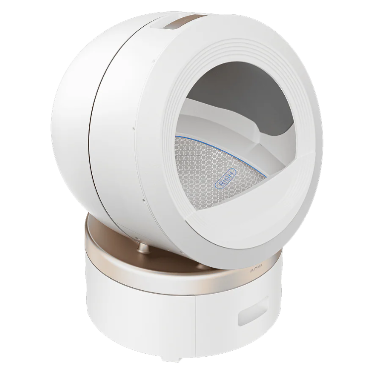 White automatic cat litter box, MOVA LR10 Prime, with open lid showing honeycomb-patterned filter and blue accents.