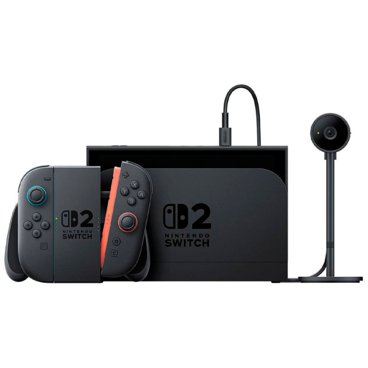 Black Nintendo Switch 2 console, controllers, and camera.
