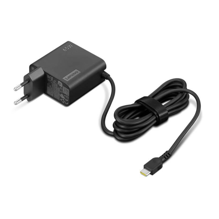 Black Lenovo 65W USB-C wall charger with cord.