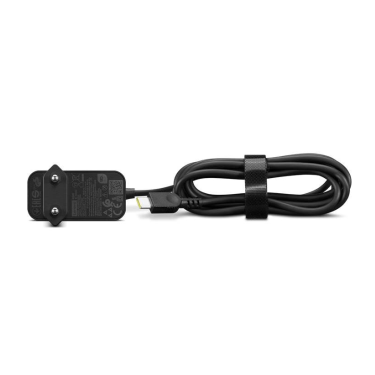 Black Lenovo 65W USB-C wall charger with cord.