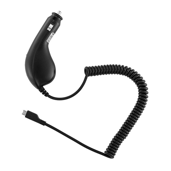Carregador de isqueiro preto Samsung com cabo micro USB e conector cofre.