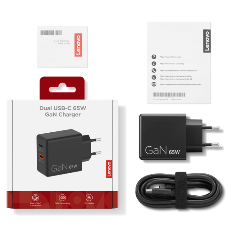 Carregador Lenovo Dual USB-C 65W GaN + Cabo USB-C 1.5m Preto