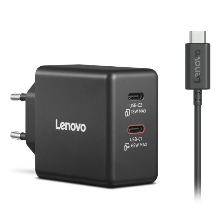 Carregador Lenovo Dual USB-C 65W GaN + Cabo USB-C 1.5m Preto