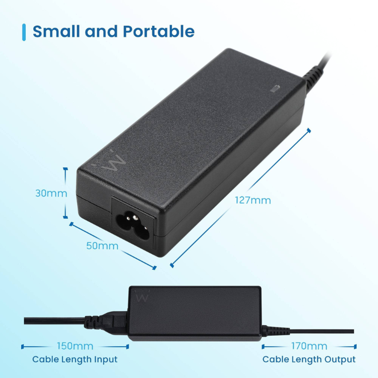 Black Ewent 90W USB-C laptop charger, 127mm x 50mm x 30mm.