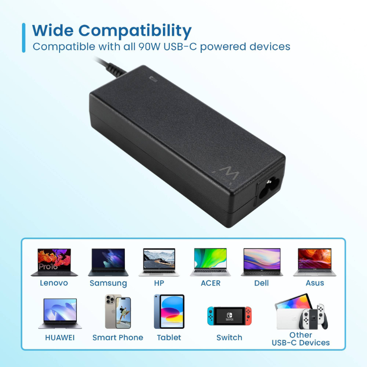 Black Ewent 90W USB-C laptop charger with attached power cord.