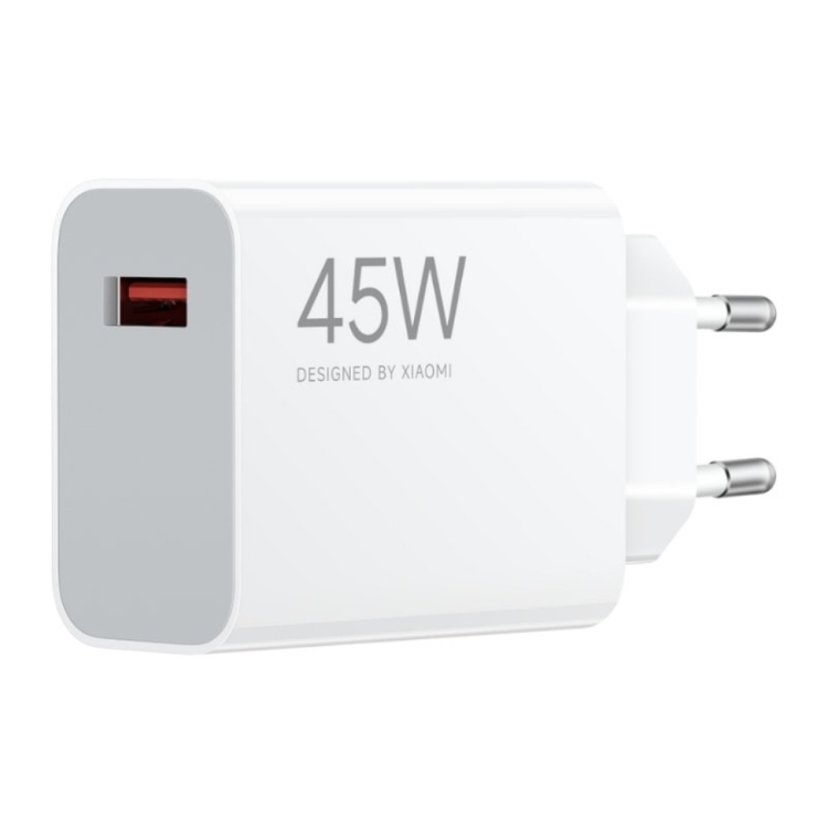 Carregador Xiaomi 45W Turbo Charging USB-A branco com ficha de dois pinos.
