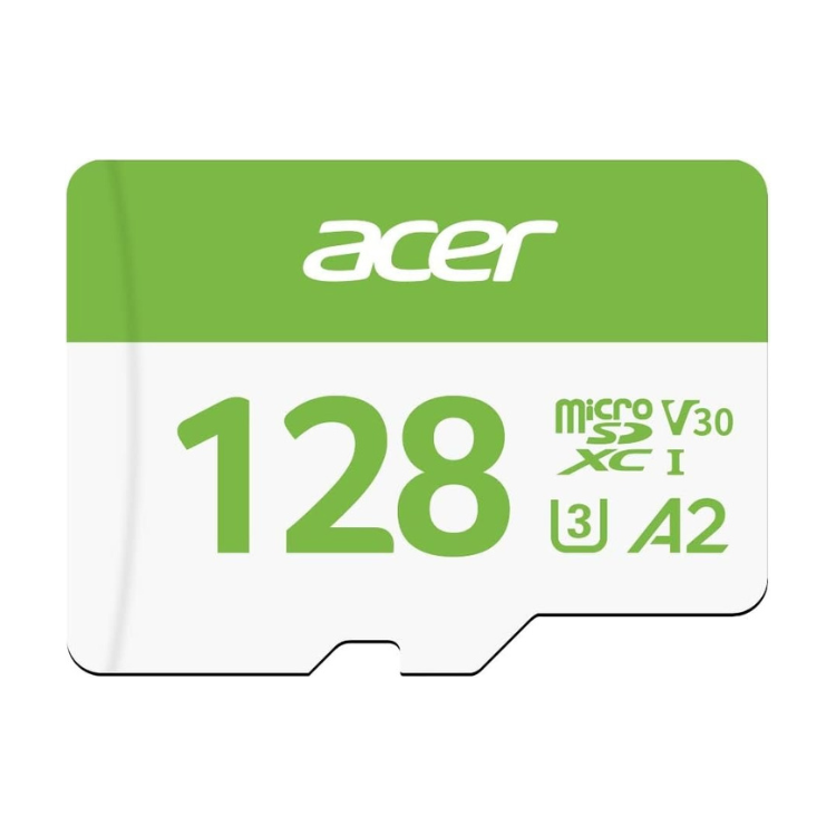 Acer 128GB microSD card, green and white, with V30, XC I, U3, A2 logos.