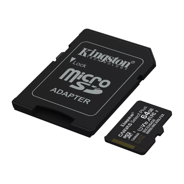 Kingston microSD 64GB Canvas Go Plus with SD adapter, black.