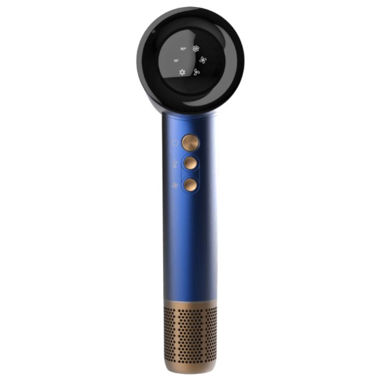 Cecotec Ioni Care Rockstar Nano IonTech blue hair dryer with gold accents and buttons.