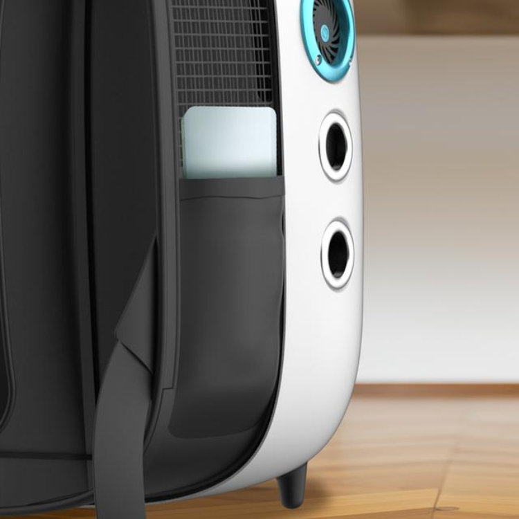 White and black Cecotec Pumba 1800 travel fan with blue accents.