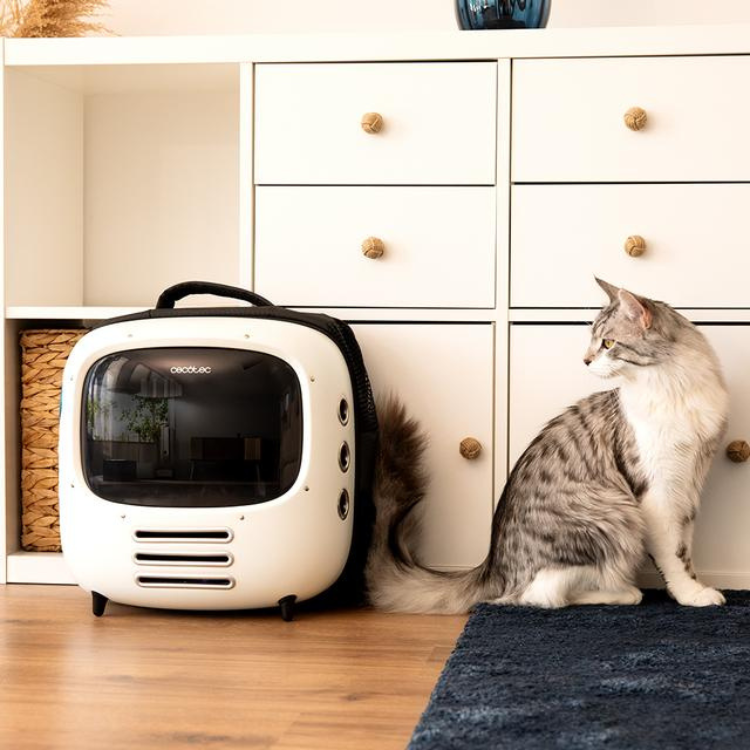 Cecotec Pumba 1800 white pet carrier with black accents and handle next to a cat.