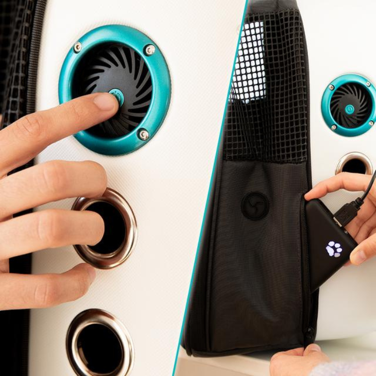 Cecotec Pumba 1800 Travel Fan, white and teal portable fan with black mesh and control buttons.