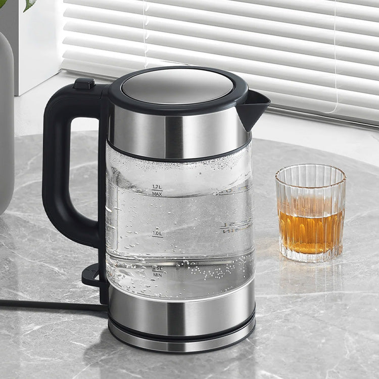 Xiaomi Mi Electric Glass Kettle, black and stainless steel, 1.7L capacity.