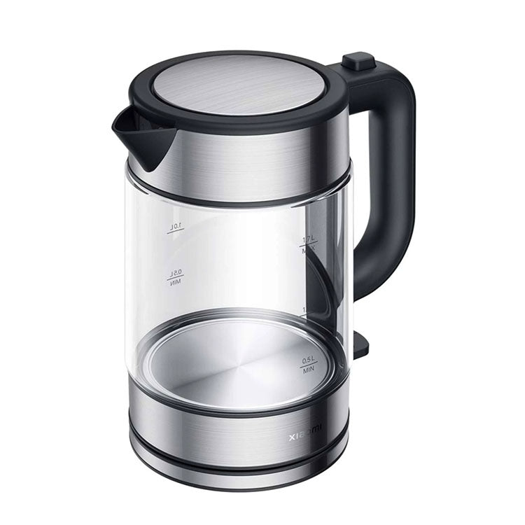 Xiaomi Mi Electric Glass Kettle, silver and black, with measurements.