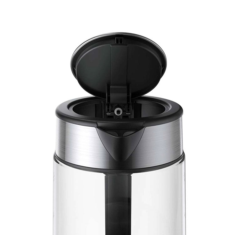Xiaomi Mi Electric Glass Kettle, black and silver, lid open.