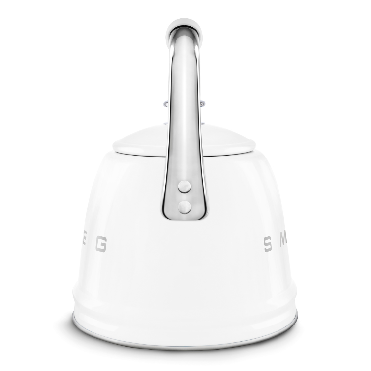 White Smeg electric kettle, 2.3L, shiny finish, silver handle and buttons.