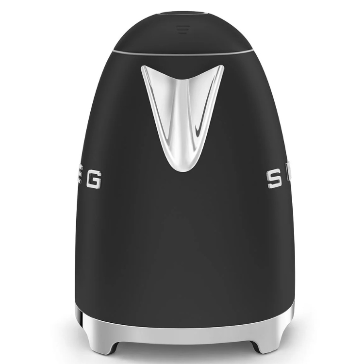 Black Smeg electric kettle with matte finish and silver accents.