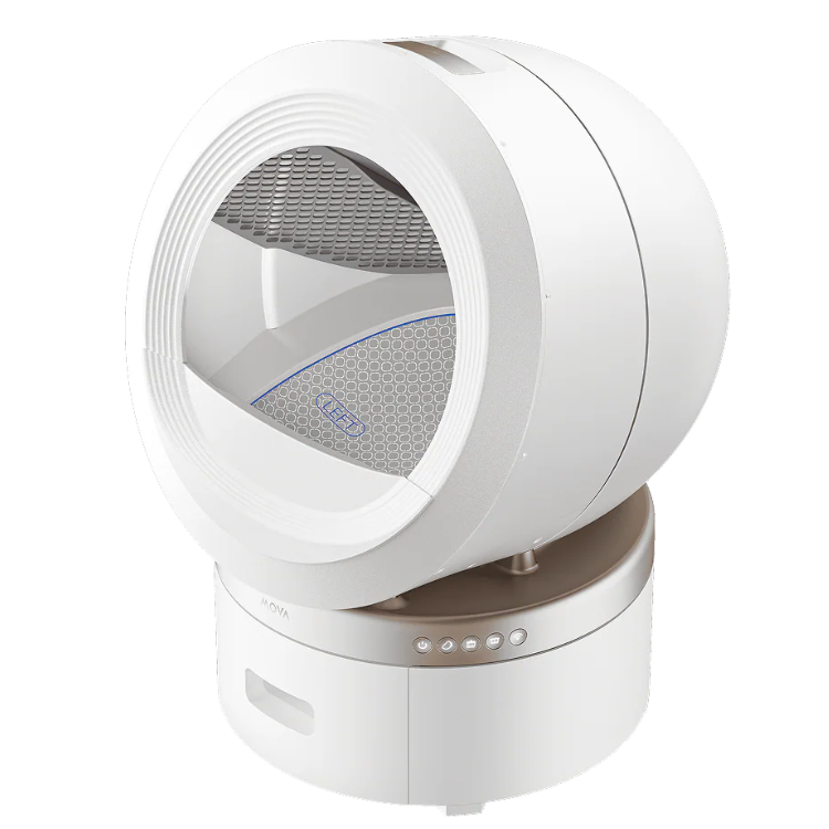 White automatic cat litter box, MOVA LR10 Prime, with control panel and gray honeycomb-patterned interior.