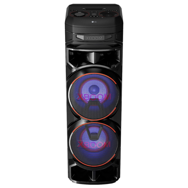 LG XBOOM RNC9 1000W black speaker with blue and red lights.