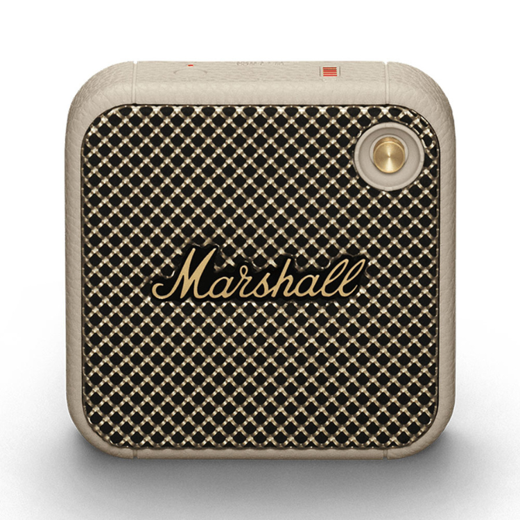 Marshall Willen cream portable Bluetooth speaker, gold accents, black grill.