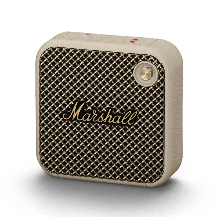 Marshall Willen cream portable Bluetooth speaker, tan leather-like casing, gold logo and accents.