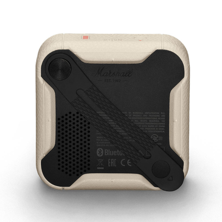 Marshall Willen cream portable Bluetooth speaker, rear view showing black panel with branding and cream-colored casing.