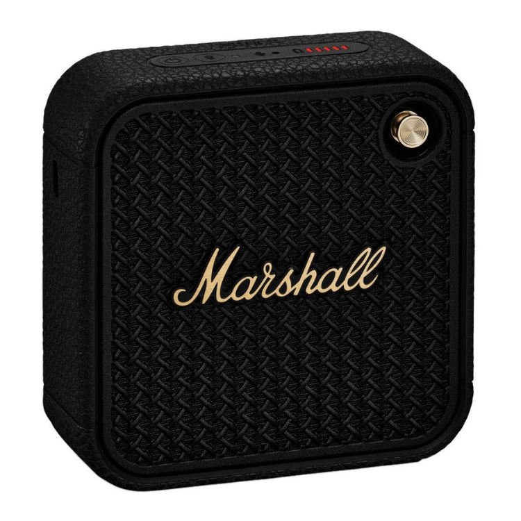 Black Marshall Willen II speaker with gold accents and logo.