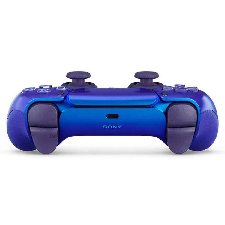 Sony PS5 DualSense Wireless Controller, indigo blue color, rear view.