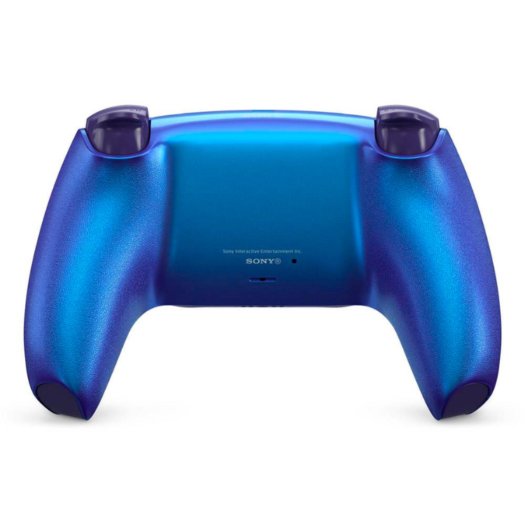 Sony DualSense Wireless Controller, indigo blue color, back view.