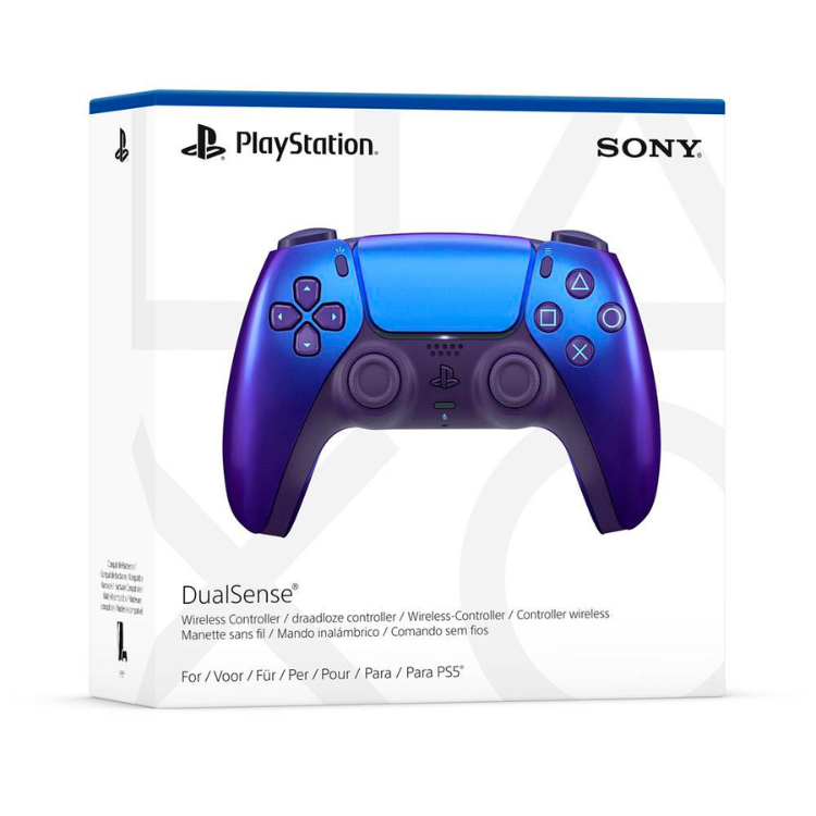 Sony PS5 DualSense Wireless Controller, blue and purple color, in packaging.