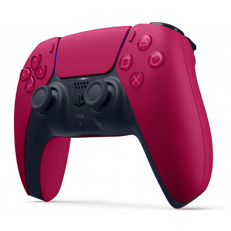 Sony PS5 DualSense Cosmic Red wireless controller, pink and black gamepad.