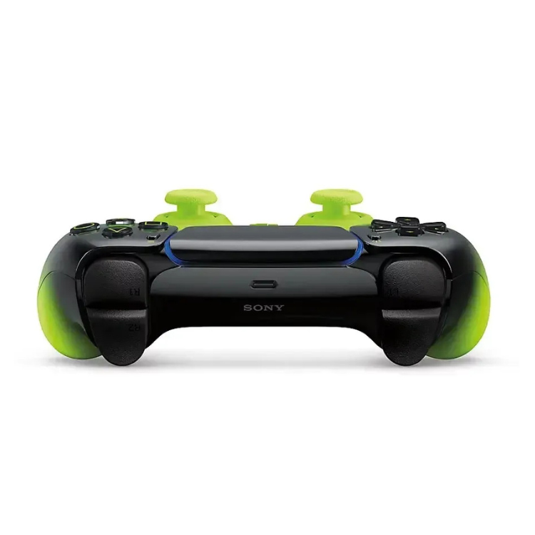 Sony PS5 DualSense wireless controller, black and green, rear view.