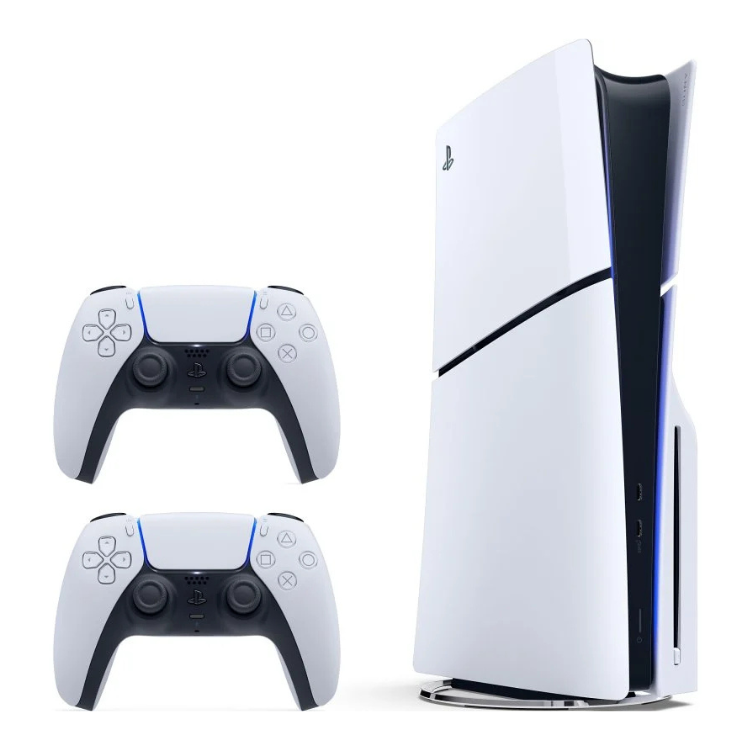 Sony PlayStation 5 Slim console and two white DualSense controllers.
