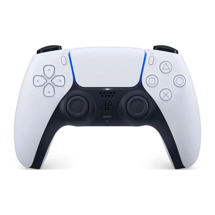 Sony PlayStation 5 DualSense controller, white and black, front view.