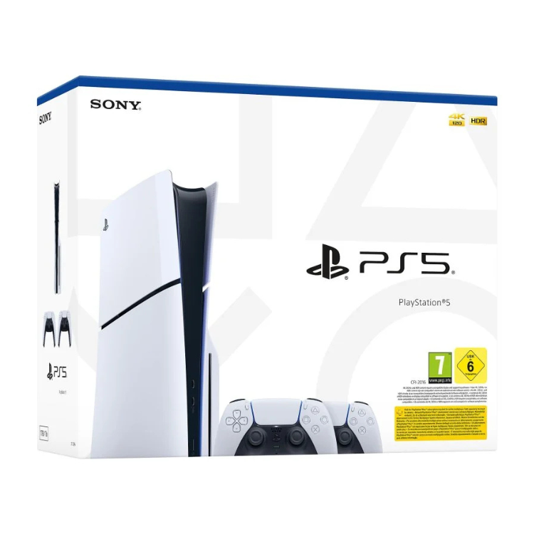 Sony PlayStation 5 Slim Standard Edition 1TB box with two white DualSense controllers, white and black console.