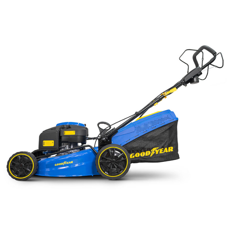 Blue and black Goodyear lawn mower with yellow accents, 7.5HP engine.