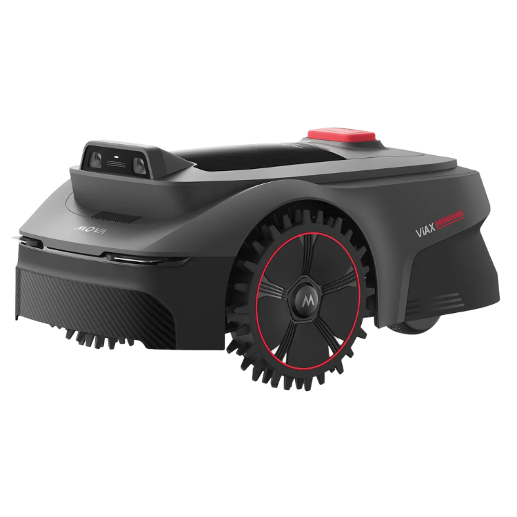 Black robotic lawn mower MOVA ViAX 300 with red accents and large rear wheel.