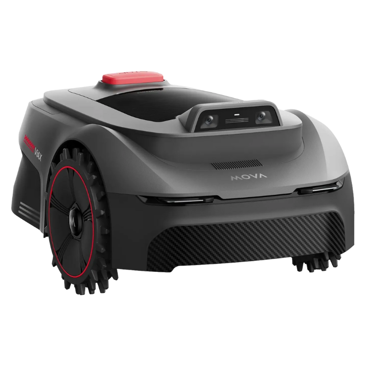 MOVA ViAX 300 robot lawn mower, gray with red accents, black wheel with red outline.
