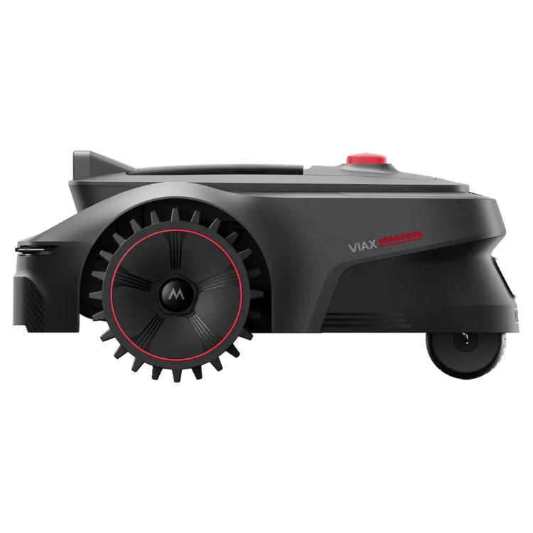 Black robotic lawn mower, MOVA ViAX 300, with red accents and large rear wheel.