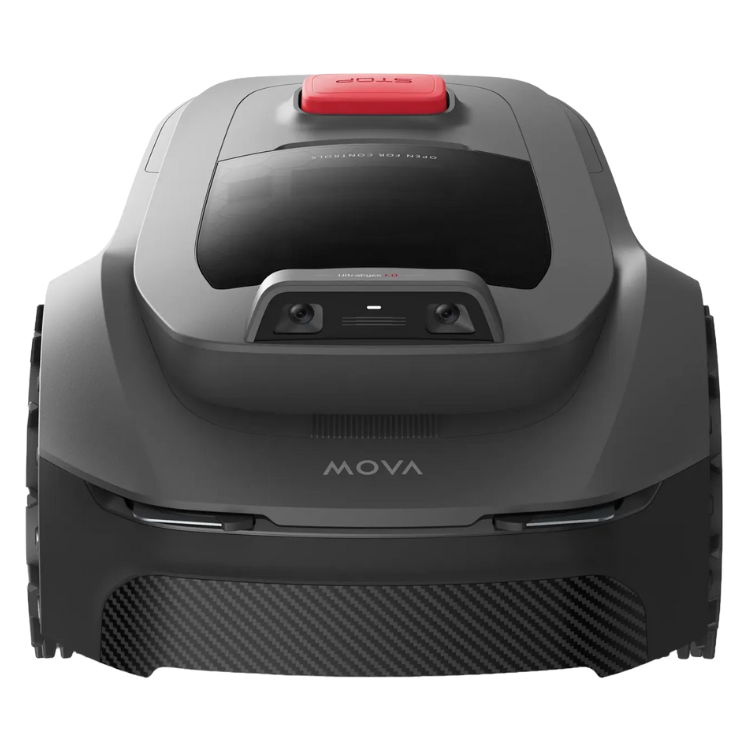 Black MOVA robot lawn mower with red stop button.