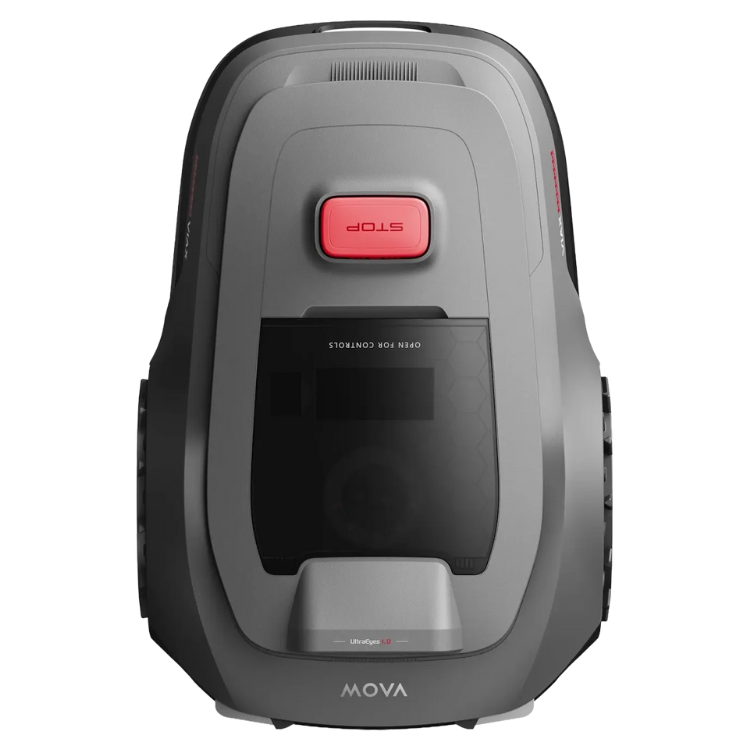 MOVA ViAX 300 robot lawn mower, gray and black, red stop button.