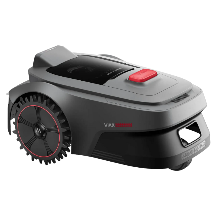 Grey robotic lawn mower, ViAX 300, with red button and black wheel.