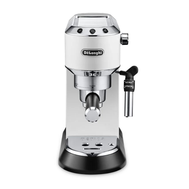 De'Longhi Dedica Style espresso machine, white and chrome with black base and accents.