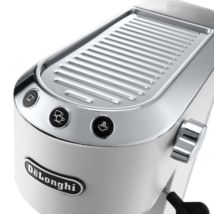 De'Longhi Dedica Style espresso machine, silver, close-up of control panel and logo.