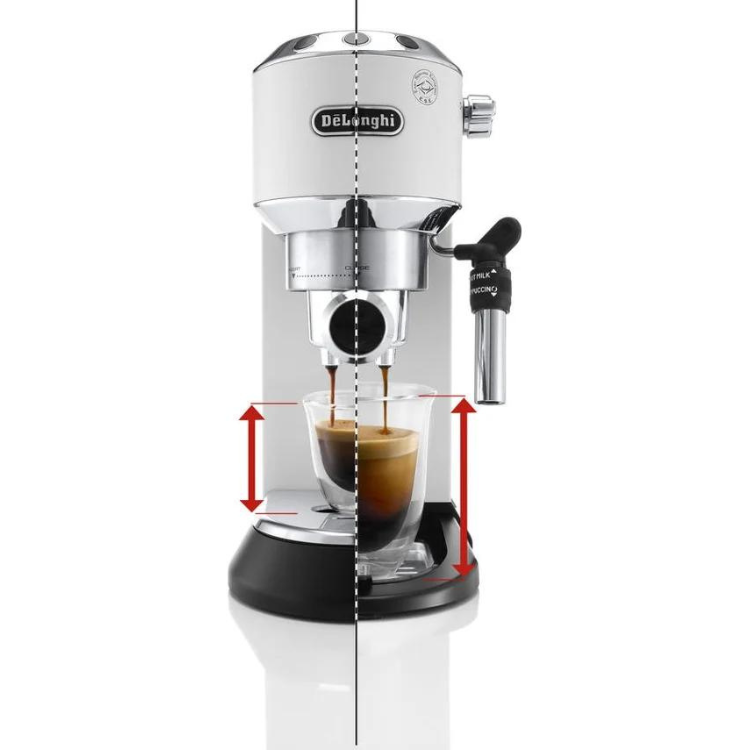 De'Longhi Dedica Style white manual espresso machine with adjustable cup height and coffee pouring into two glasses.