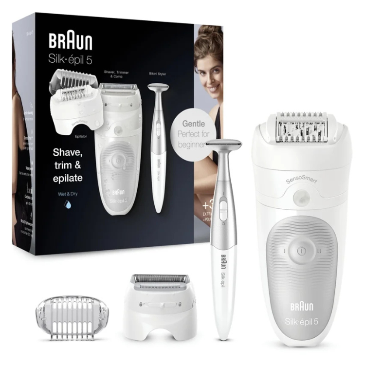 Braun Silk-épil 5 5805 white epilator with shaver, trimmer and styler attachments.