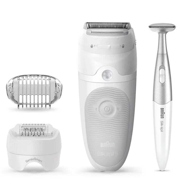 Braun Silk-Épil 5 5805 white epilator with attachments and trimmer.