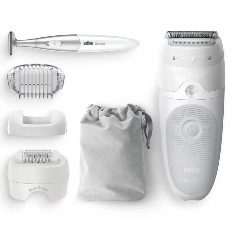 Braun Silk-epil 5 5805 white epilator with attachments and storage bag.