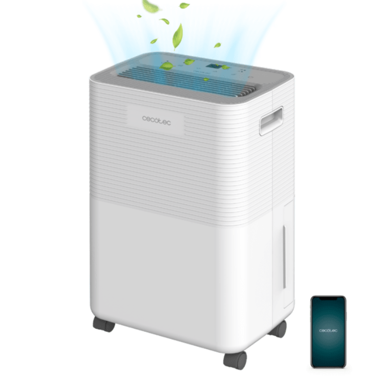 Cecotec BigDry dehumidifier, white, with smartphone, removing moisture and leaves.